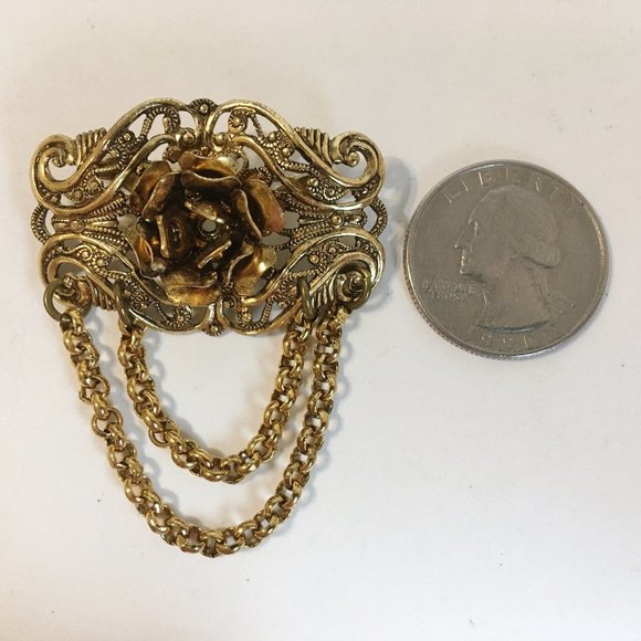 Rose Pin Brooch Vintage Ornate Scroll Filigree - Picture 2 of 6